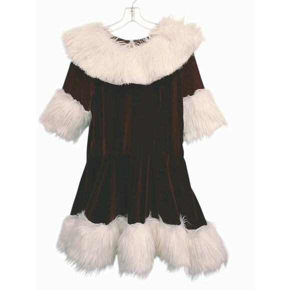 Christmas Caroler Mrs Santa Velvet Mini Dress M L Costume Burghandy Velvet White - Picture 2 of 16